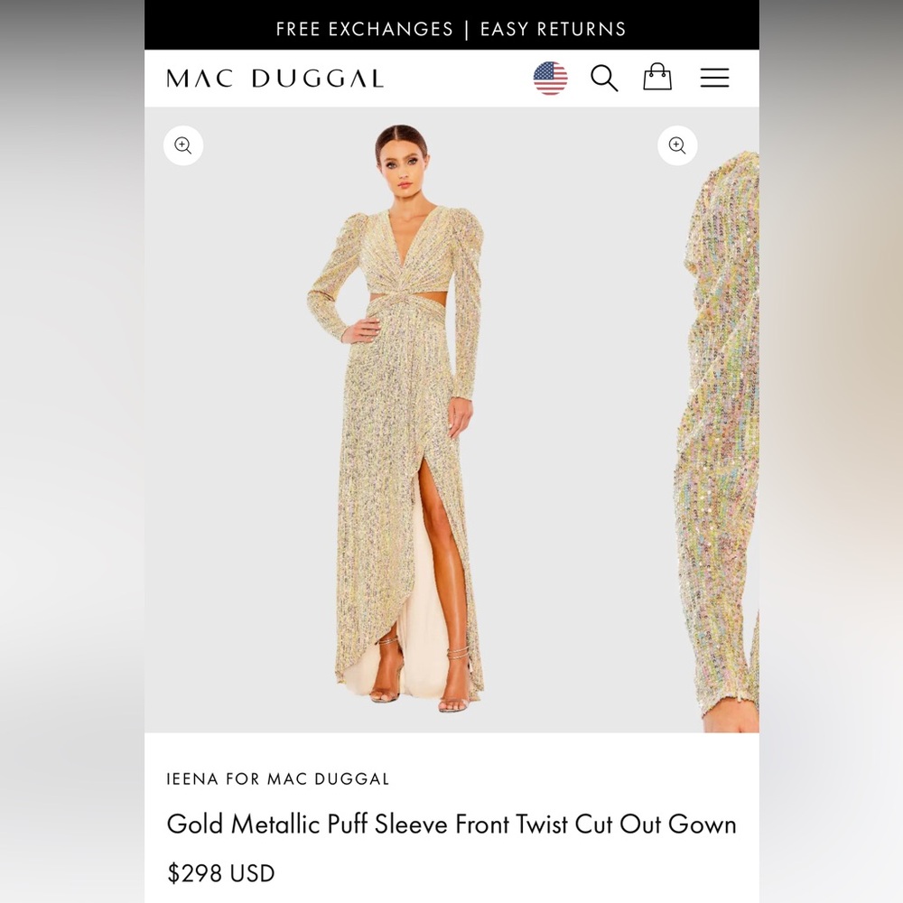Gold Metallic Puff Sleeve Front Twist Cut Out Gown - Picture 5 of 5